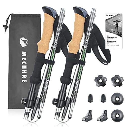 MECHHRE Bâtons de Marche Pliable, Liège Respirant Poles Trekking Antichoc Antidérapant Bâtons de Randonnée Téléscopique en Aluminium Ultra Léger pour Trekking Voyage Sport en Plein Air (1 Paire)