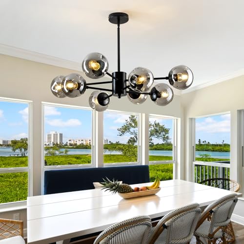 Image of 8-Light Sputnik Chandelier Black Mid Century Glass Globe Ceiling Light Fixture Modern Bubble Chandelier for Dining Room Living Room Kitchen Bedroom Farmhouse.