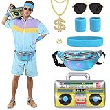 CHMMY Disfraces Años 80 Hombre Mujer Verano, Chándal Retro Corto Conjunto con Riñonera, Radio Inflable y Accesorios,Disfraz Chándal Años 80 para Rockstar Carnaval y Fiestas Temáticas (XL)