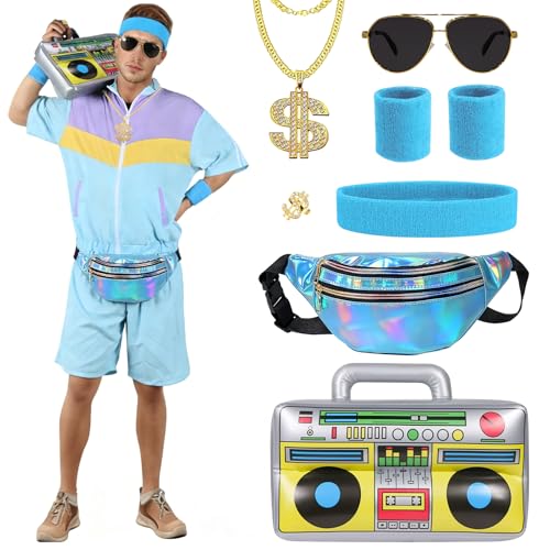 CHMMY Disfarces anos 80 para homem, mulher, verão, fato de treino retro curto, conjunto com pochete, rádio insuflável e acessórios, disfarce de fato de treino para Rockstar carnaval e festas temáticas