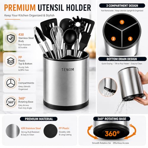 Image of TENOM Stainless Steel Spoon Holder Stand for Kitchen, Cutlery & Utensil Organizer with Drainage, Spoon, Ladle & Spatula Holder