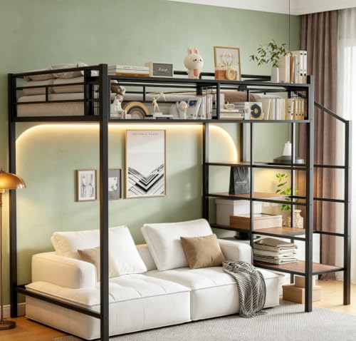 Image of Bellemave Twin loft Bed with Storage Stairs and Upper Grid Storage Shelf, Metal Twin Loft Bed Frame for Adults, Kids, Teens, Black