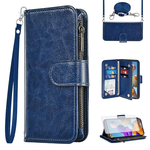Étui portefeuille Samsung Galaxy A21S Asuwish avec fermeture éclair et verre trempé