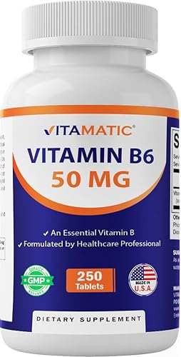 Vitamatic Vitamina B6 (Piridoxina HCI), 50 mg 250 tabletas vegetarianas - Promueve la producción de energía, aumenta el metabolismo y el apoyo a la