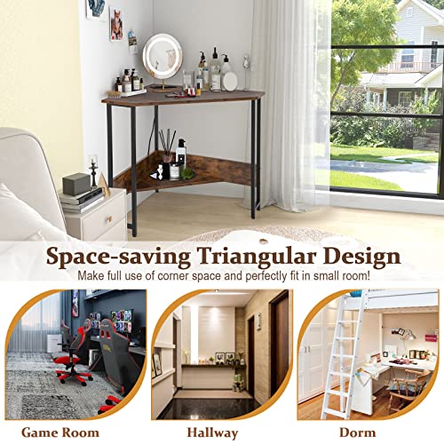 Costway Corner Computer Desk, With Usb Ports & Power Outlet, Storage Shelf For Small Space, Triangle Steel Frame Corner Desk For Home Office, Workstation (Rustic Brown) #TOP6