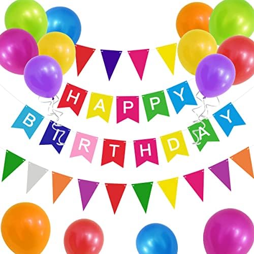 Happy birthday bunting banner balloons  14 pieces happy birthday decoration pack include a set of rose gold birthday bunting pink birthday banner 2 ribbons and 10 rose gold confetti latex balloons.