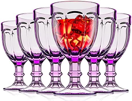 OMITA Vintage Octagon Design Goblet Wine Glasses Set of 6-10.2 oz. - Perfect for Iced Tea, Beverages, Soda, Juice, Water, Liquor - Great for Party, Wedding, Bars - Purple Colored Glassware