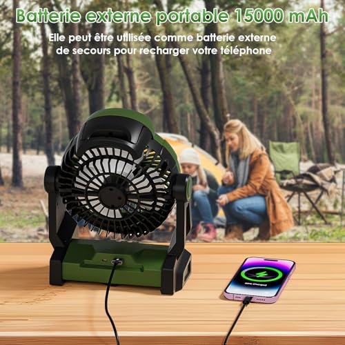 GuKKK Ventilateur Camping, Ventilateur Portable Rechargeable 15000mAh, Ventilateur Puissant avec Lumière LED et Crochet, Timer, 3 Vitesse Ventilateur de Bureau pour Exterieur Maison Camping Car – Image 6