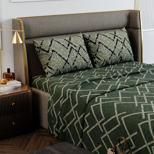 Image of Stoa Paris 100% Cotton Super King Bedsheet with 2 Pillow Covers for King & Double Beds, 180TC Printed Bedding Set, Breathable, All-Season Comfort, Lightweight, Urbanscape - Olive Mesh (274cmx274cm)