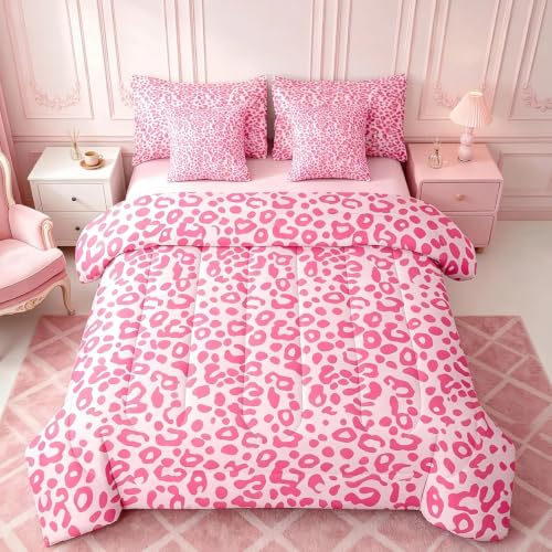 Feelyou Cute Leopard Bedding Set for All Season Cheetah 7 Pieces Comforter Sets Queen Size Teens Room Decor Pink Animal Print Bed in a Bag with Comforter, Sheets, Pillowcases & Cushion Cover