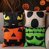 Tegeme 4 Pcs Halloween Pillow Covers 18x18 Inch Ghost Black Cat Monster Pumpkin Funny Pillow Covers Farmhouse Rustic Burlap Pillowcase Halloween Linen Cushion Case for Sofa Couch Home Indoor