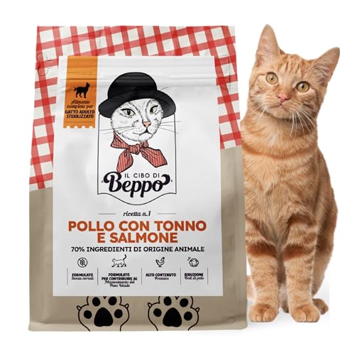 Il Cibo Di Beppo - Cibo Secco Per Gatti Sterilizzati - Crocchette Senza Cereali Di Alta Qualità: Grain Free E Senza Glutine - Alimento Completo - 1.5Kg (Pollo con Tonno e Salmone)