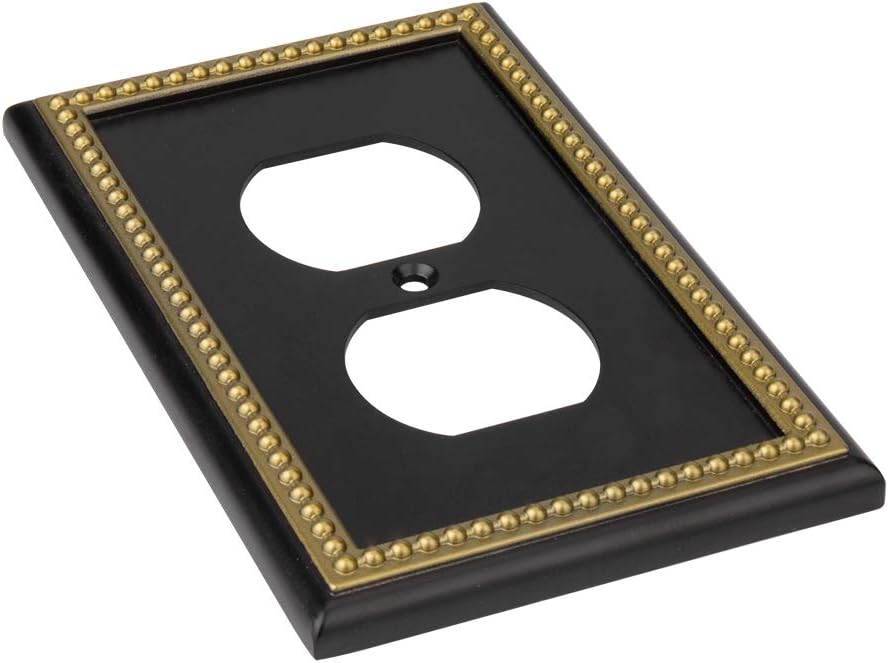 Pearled Frame Decorative Wall Plate Switch Plate Outlet Cover (Single Duplex 2PK, Black & Dark Golden)