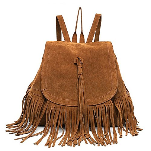 LUI SUI Mochila feminina de camurça, franjas, franjas, bolsa de ombro moderna, de couro sintético, bolsa de viagem, Marrom, One Size, Mochilas Daypack