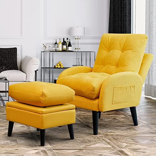 ELUCHANG Accent Chair with Ottoman,Comfy Armchair with Storage Footrest,Recliner Chair with Adjustable Backrest and Side Pocket,Fabric Sofa Chair Lounge Chair for Living Room Bedroom Office(Yellow)