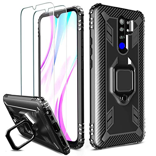 Milomdoi [Funda y 2 Unidades] Carcasa para Xiaomi Redmi 9 Funda con Protectores Pantalla Cristal Templado HD, Carcasa con 360 Grados Anillo iman Soporte y Silicona TPU Anti Cada Case-Negro