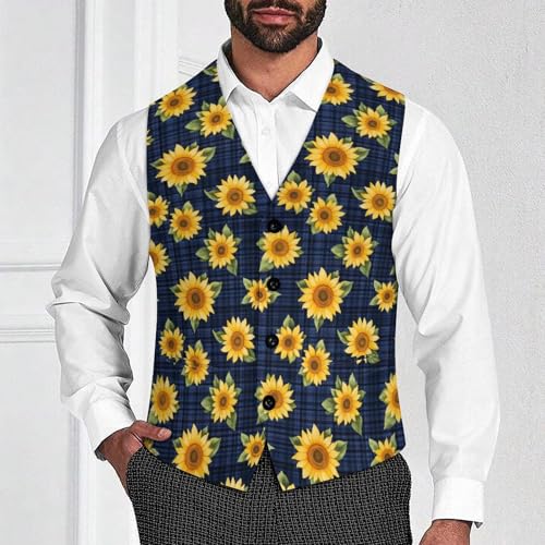 Sunflowers Blue Plaid Checkered Suit Vest for Men Slim Fit Tuxedo Waistcoat Button Down V Neck Business Dress Coat4