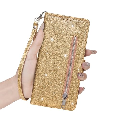 BEENTRYS Cover per Samsung Galaxy A54 5G Pelle Portafoglio,Brillantini Glitter Porta Carta Slot Cavalletto Stand Chiusura Magnetica Tasca Zip Flip Caso PU Antiurto Protettiva Custodia-D'oro