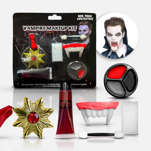 Kit Maquiagem Vampiro Halloween Completo – Sangue Falso, Dentes, Tintas Faciais, Esponja, Pincel e Medalha – Fantasia Assustadora para Festa, Cosplay e Fotos Criativas