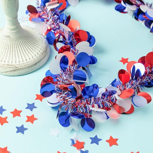 Image of 33FT 4th of July Patriotic Tinsel Garland Red White Blue Glitter Metallic Twist Foil Tinsel Garland for Independence Day Memorial Day Party Door Tree Indoor Outdoor Decoration