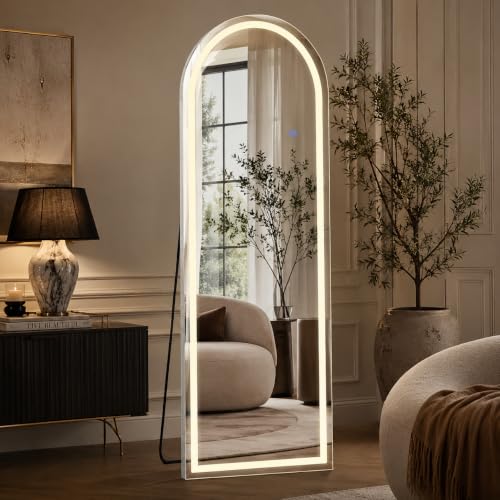 Image of Arched Full Length Mirror with LED Lights, 60 inchx16 inch LED Floor Mirror with Stand, Body Floor Mirrors with Dimming & 3 Color Lighting, Wall Mounted LED Mirrors for Bedroom, Dressing Room, Cloakroom