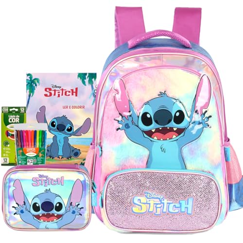 Kit Mochila Infantil com alças, Luxcel, Stitch, Roxo, com Cetim e Pelúcia e Estojo Box