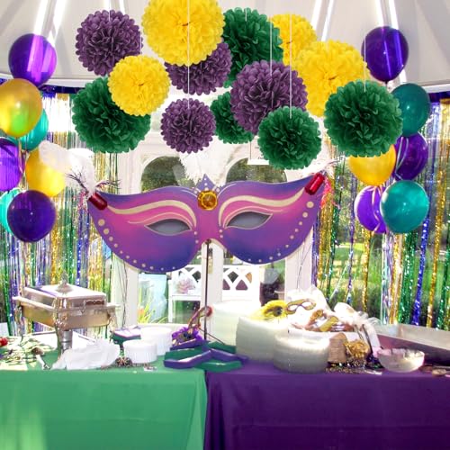 Image of 18 PCS Tissue Paper Pom Poms, Tissue Pom Poms Flowers, Sizes of 6 inch, 10 inch, 12 inch, 14 inch Hanging Paper Flower Ball for Wedding, Birthday, Mardi Gras, Baby Shower Party Supplies Decor (Yellow Green Purple)