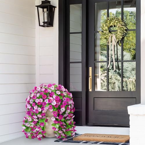 Image of Ammyoo Artificial Fake Hanging Flowers Basket for Spring Summer Decor | Faux Silk Flower in Planter for Summer, Outdoor Artificial Floral for Home Porch Yard(Double Lotus)