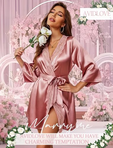 Image of Avidlove Women's Kimono Robe Short Satin Pure Short Silky Robes | Silk Robes for Women Lightweight Kimono Bridesmaid Bride Wedding Party Bathrobes V-Neck Sleepwear