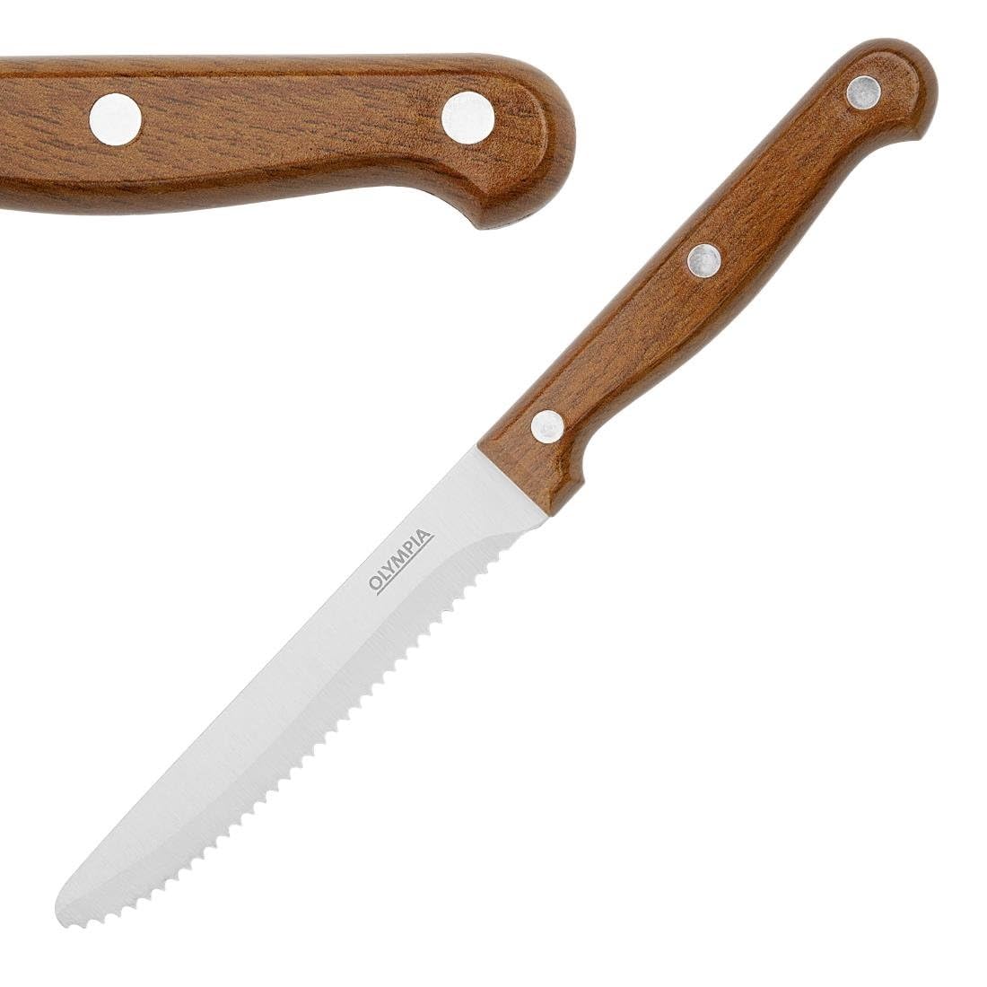Olympia Steak Knives with Wood Effect Handles (12 Pack) - Serrated Blade, Stainless Steel Blade and Dishwasher Safe HZ972