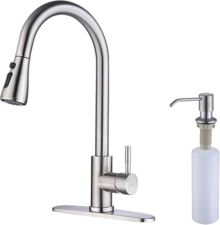Kitchen Faucet with Pull Down Sprayer, Brush Nickel Pull Out Kitchen Faucet with Kitchen Soap Dispenser, Single Level Stainless Steel Kitchen Faucet, Single Handle High Arc Kitchen Faucet