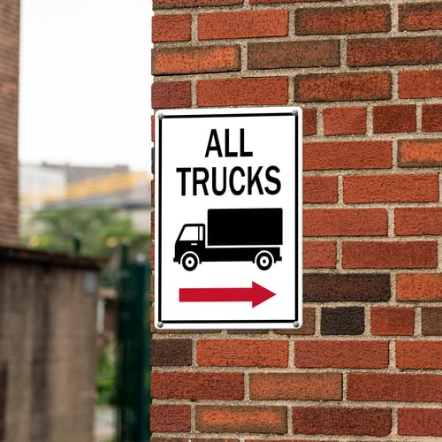 Ymaotrade All Trucks with Right Arrow Aluminium Sign 5×8in, Sturdy Aluminum Metal Signs Rust Free, No Delivery Trucks - No Truck Allowed Sign, No Trucks Warning Road Signs