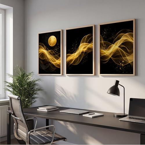 Image of TheMakerly Set of 3 Black Gold Abstract Moon Wall Art Paintings for Living Room | Luxury Modern Wall Decor | Golden Wave Wall Paintings for Bedroom, Hall, Office & Home Decoration (10x13 Inches)