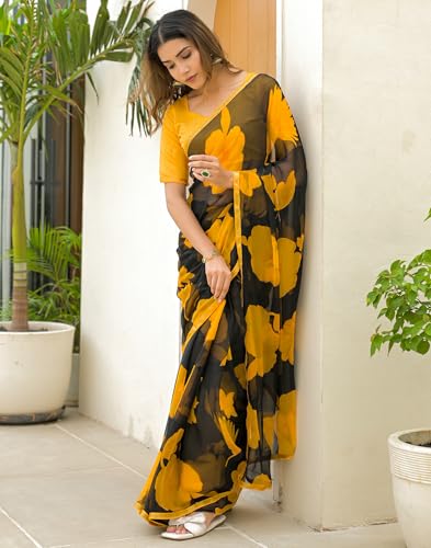 Image of SIRIL Women's Chiffon Printed Saree with Unstitched Blouse Piece