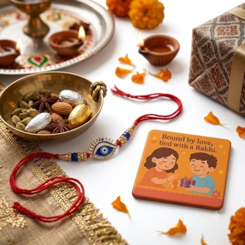 Image of SAUDEEP INDIA Decorative Fridge Magnet for Refrigerator Decor | Rakhi for Brother | Raksha Bandhan Gift Combo Set | Cotton Thread Rakhi for Bhai Bhaiya | Festive Home Decor Item(Evil Eye)