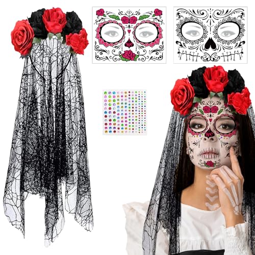 LXYYDS Diadema de Halloween, Velo de Flores de Halloween, Diadema Flores Mexicana para Fiesta Cosplay Prom Cumpleaño
