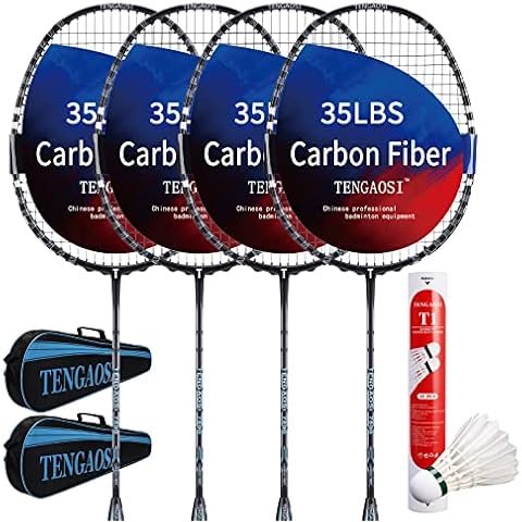 TENGAOSI Professional Badminton Rackets Set of 4 Sports Outdoor Backyard or Indoor Badminton Game Set with Shuttlecocks- Includes 4 Black Rackets, 12 Duck Feather Badminton Shuttlecocks Cover
