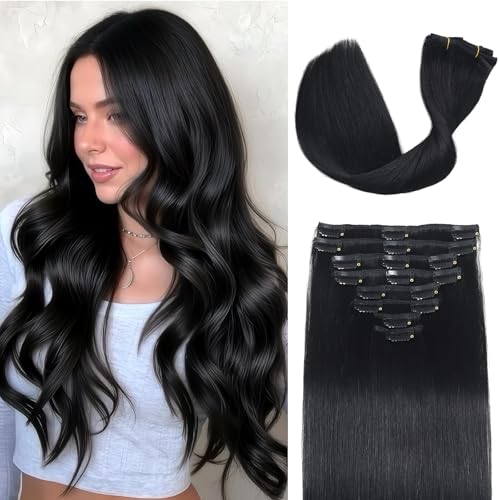 Image of Clip in Hair Extensions Real Human Hair for Women Natural Black 20inch | Natural Blend for Daily Wear,Human Hair Extensions, Add Volume And Length, No Tangle, No Shedding, Double Weft, 8PCS, 100g