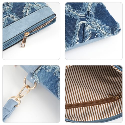 Image of Women Denim Wristlet Clutch Purses Wallet Envelope Handbag PU Leather Quilted Distressed Zipper Satchel