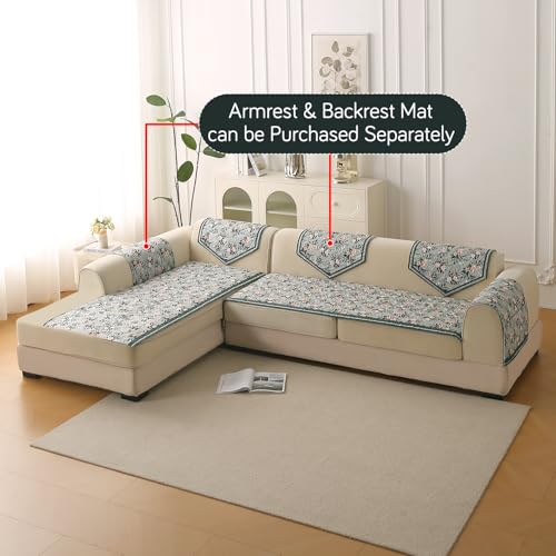 Image of HOKIPO 'Florentina Series' L Shape (3+3 Seater) Sofa Cover Seat Mat | Premium Multi-Needle Quilted Holland Velvet Sofa Mat + Foam Filling + Anti-Slip Backing, Magnolia Green (IN-882-V1*2)