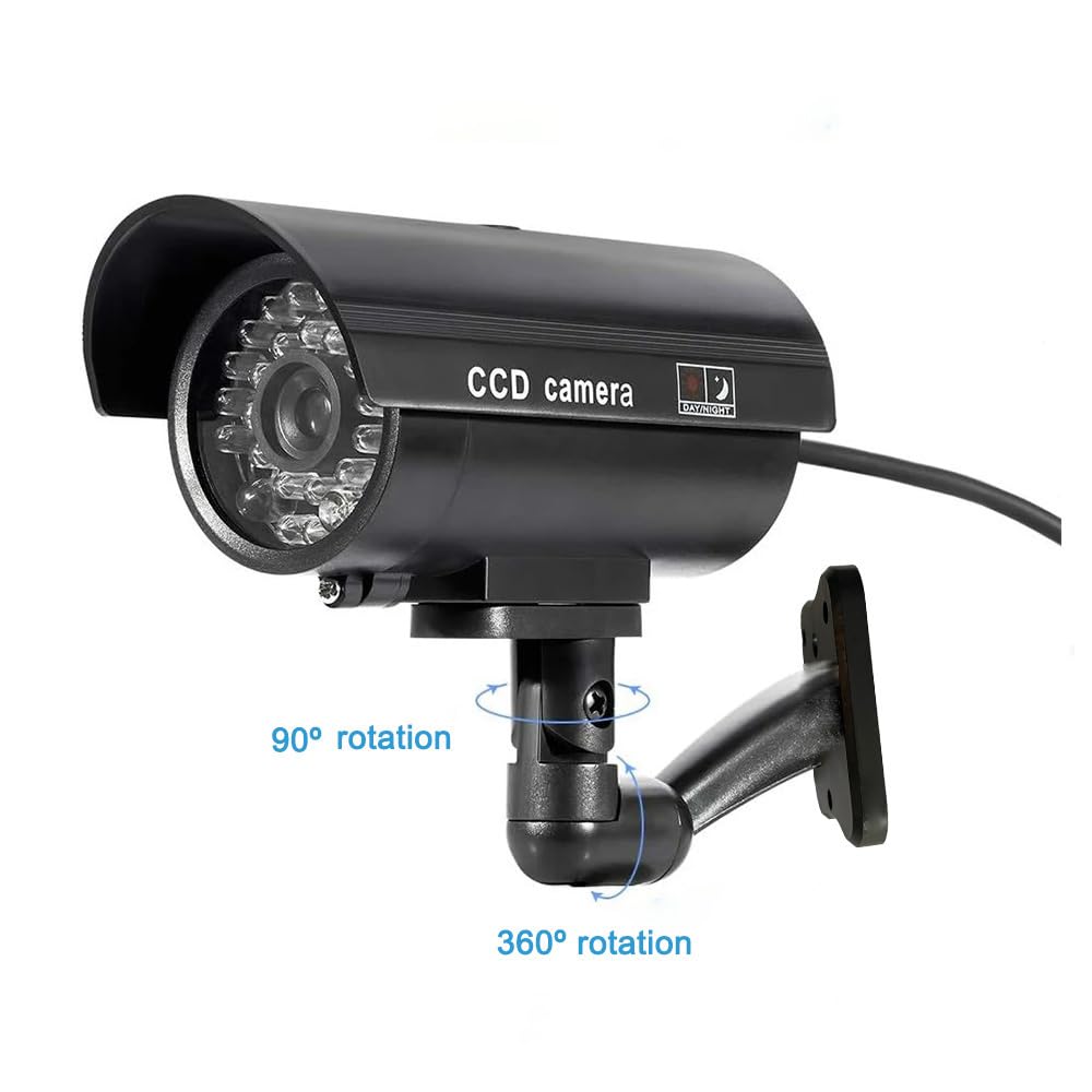 Cámara de seguridad falsa, sistema de vigilancia CCTV simulado con luces intermitentes rojas realistas y calcomanía de advertencia para interiores y exteriores