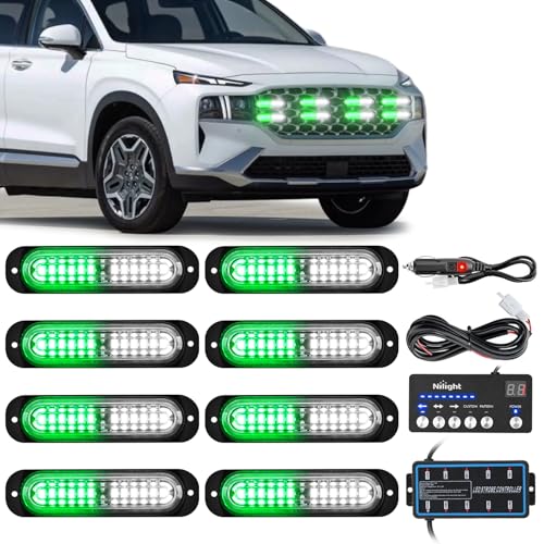Image of Nilight 8PCS Led Strobe Lights with Controller 12V 24V Sync Green White | 12 LED Surface Mount Emergency Hazard Warning Lights with Strobe Controller for Vehicle Car Truck RV ATV