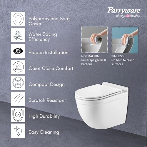 Image of Parryware SUPERIO Ceramic Wall Hung Western Commode for Bathroom | Rimless Washdown Flush Commode with Slim & Soft Closing Toilet Seat | Round Wall Mount Ewc | Space Saving | C890X