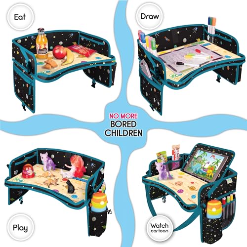 Image of Car Seat Tray for Toddler - Waterproof Carseat Table Top - Kids Travel Tray - Travel and Road Trip Essentials Kids - Lap Desk with Storage -Baby Airplane Travel Accessories (Black)