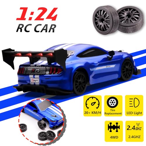Image of 1:24 Scale RC Drift Car,4WD 2.4GHz High Speed Racing Hobby Sport Toy Car Vehicle with LED Lights,Racing and Drift Wheels for Adult Boys Girls Kids Gift (8602-Blue)