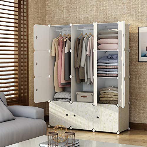 KOUSI Portable Closet Wardrobe Closets Clothes Wardrobe Bedroom Armoire Storage Organizer with Doors, Capacious Sturdy, Wood Pattern, 6 Cubes,2 Hanging Sections