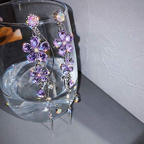 Fxmimior 2555 Silver Long Flower Earrings Purple Rhinestones Big Dainty Floral Drop Earrings Statement Charm Earring Body Jewelry thumb #4