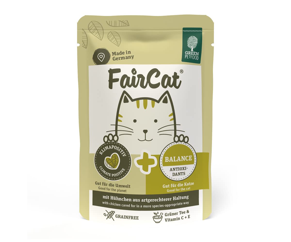 Green Petfood FairCat Balance (8 x 85 g), bezzbożowa karma dla dorosłych kotów, z kurczakiem dla zwierząt, mokra karma z zieloną herbatą i witaminą C + E, 8 sztuk