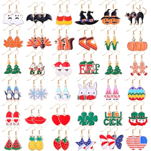 Nosiny 36 Pairs Holiday Earrings Variety Pack Halloween Christmas Fall Thanksgiving Gifts for Women Teacher Party Favors