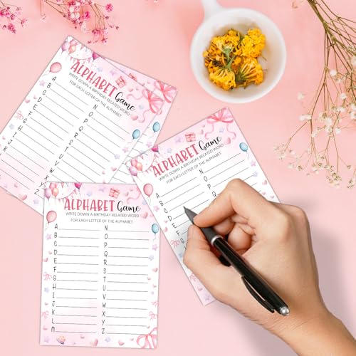 Image of Pink Slumber Party Games Card - Coquette Pink Bow Themed Sleepover Slumber Party Supplies- Sleepover Stuff- Birthday Night Games Creative Idea -Alphabet Game- 20 Game Cards